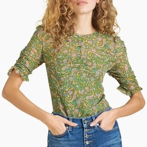 Veronica Beard Natuka 100% silk, fern green floral paisley blouse top Size 8